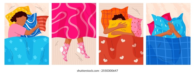 Bed cozy. Woman morning doze. Pleasure under blanket. Girls comfortable rest. Person lying on mattress and hugging pillow. Sweet dream. Night relaxation. Sleepy pose. Vector garish relaxing people set