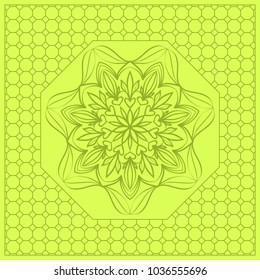 bed design. pillow print with mandala, ethnic pattern. vector illustration. yellow green color