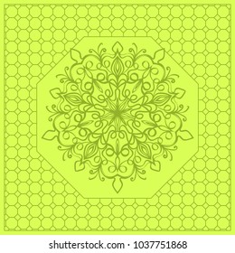 bed design. pillow print with mandala, ethnic pattern. vector illustration. yellow green color