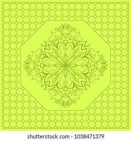 bed design. pillow print with mandala, ethnic pattern. vector illustration. yellow green color