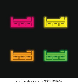 Bed Design With Three Drawers four color glowing neon vector icon