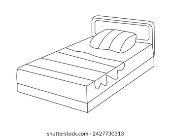 Icono de garabato de cama en vector. Icono de cama dibujado a mano en vector. Ilustración de la cama Doodle, interior de dormitorio contemporáneo con cabecero tapizado moderno, cama blanca con una manta acogedora