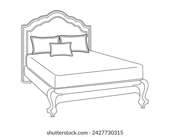 Icono de garabato de cama en vector. Icono de cama dibujado a mano en vector. Ilustración de la cama Doodle, interior de dormitorio contemporáneo con cabecero tapizado moderno, cama blanca con una manta acogedora