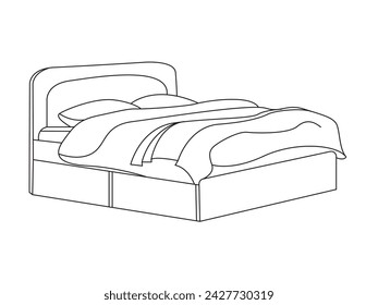 Bed doodle icon in vector. Hand drawn bed icon in vector. Doodle bed illustration, contemporary bedroom interior with Modern Upholstered Headboard, white bed featuring a cozy blanket