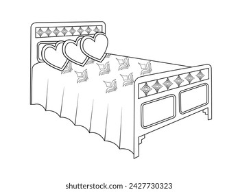 Bed doodle icon in vector. Hand drawn bed icon in vector. Doodle bed illustration, contemporary bedroom interior with Modern Upholstered Headboard, white bed featuring a cozy blanket