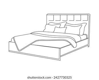 Bed doodle icon in vector. Hand drawn bed icon in vector. Doodle bed illustration, contemporary bedroom interior with Modern Upholstered Headboard, white bed featuring a cozy blanket