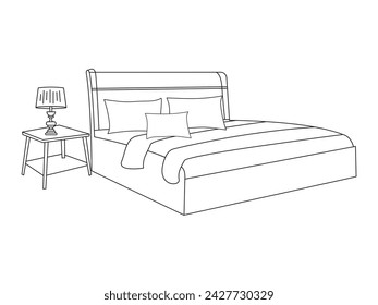 Bed doodle icon in vector. Hand drawn bed icon in vector. Doodle bed illustration, contemporary bedroom interior with Modern Upholstered Headboard, white bed featuring a cozy blanket