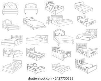 Bed doodle icon in vector. Hand drawn bed icon in vector. Doodle bed illustration, contemporary bedroom interior with Modern Upholstered Headboard, white bed featuring a cozy blanket