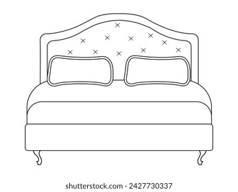 Bed doodle icon in vector. Hand drawn bed icon in vector. Doodle bed illustration, contemporary bedroom interior with Modern Upholstered Headboard, white bed featuring a cozy blanket