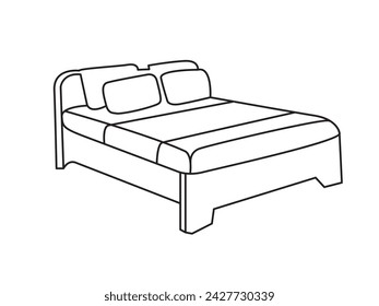 Bed doodle icon in vector. Hand drawn bed icon in vector. Doodle bed illustration, contemporary bedroom interior with Modern Upholstered Headboard, white bed featuring a cozy blanket