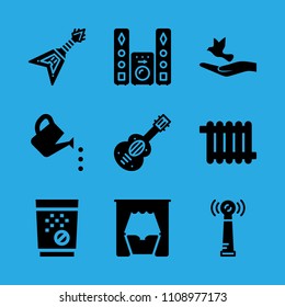 bed, dove of peace, antenna, heater, spanish guitar, tablets, watering can, electric guitar and sound system vector icon. Simple icons set