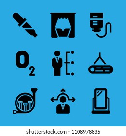 bed, drop counter, manager, oxygen, french horn, mirror, pipette, log and decision making vector icon. Simple icons set