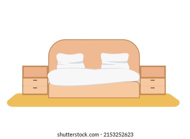 Bett mit Bettdecken, Kissen und Nachttischen, Vektorgrafik. Zimmereinrichtung.