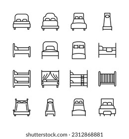 Juego de iconos de línea plana de cama. Diferentes tipos de diseño y estilos de cama. Ilustración vectorial plana simple para sitio web o aplicación móvil