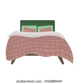 The bed in a flat style is isolated on a white background. A green bed with a pink blanket and pillows. Illustration of sleep, comfort, and interior design