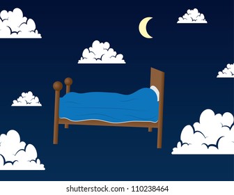 Bed floating in the clouds in someone's dream