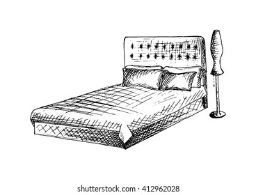 Bed and floor lamp.Drawing by hand.Black and white drawing of a bar.Vector illustration.