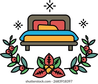Ein Bett mit einem floralen Design um sie herum. Das Bett ist weiß und die Blumen sind grün. Das Bett ist der Hauptfokus des Bildes