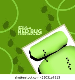 A bed full of bedbugs with bold text on green background to commemorate National Bed Bug Prevention Day on June 10
