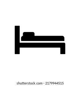 Bed furniture icon in black flat glyph, filled style isolated on white background