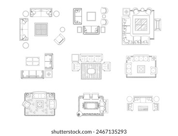 muebles de cama icono interior vista al Plan conjunto superior Vector. línea de la casa de la arquitectura contorno del hogar colección de apartamentos diseño aislado proyecto de diseño plano.