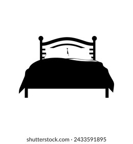 Bed furniture silhouettes, Double bed vector icon, Bed silhouette in black color.