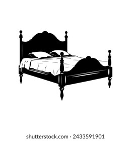 Bed furniture silhouettes, Double bed vector icon, Bed silhouette in black color.