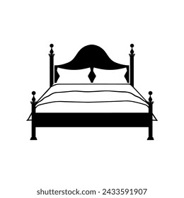 Bed furniture silhouettes, Double bed vector icon, Bed silhouette in black color.