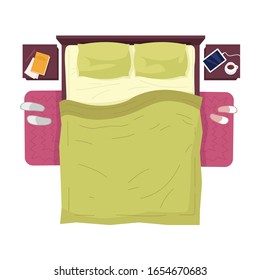 Bed with green linens top view with nobody semi flat RGB color vector illustration. Cozy sleeping place. Bedroom furniture and interior decor isolated cartoon object on white background