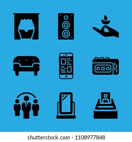 bed, hand holding a stalk, group, selection, mirror, sofa, recorder, smartphone and speaker vector icon. Simple icons set