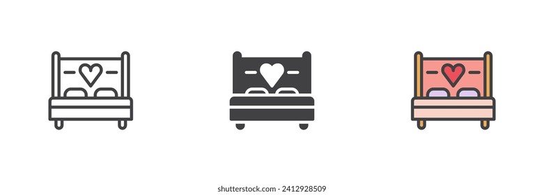 Cama con un conjunto de iconos de estilo cardíaco diferente. Línea, glifo y contorno relleno versión colorida, contorno y signo vectorial relleno. Sexo, hacer símbolo de amor, ilustración del logo. Gráficos vectoriales