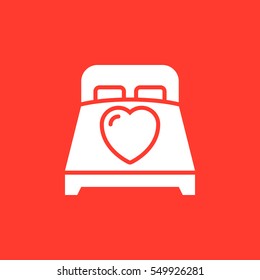 Bed with heart icon vector, filled flat sign, solid white pictogram isolated on red. Making love symbol, logo illustration