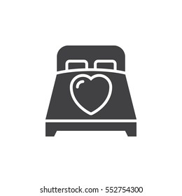 Bed with heart icon vector, filled flat sign, solid pictogram isolated on white. Making love symbol, logo illustration