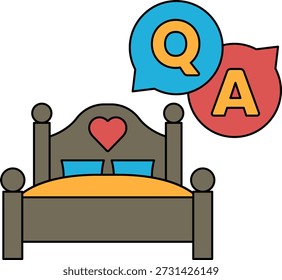 A bed with a heart on it and the letters Q and A above it. The bed is a symbol of comfort and rest, while the letters Q and A represent questions and answers. Concept of seeking knowledge