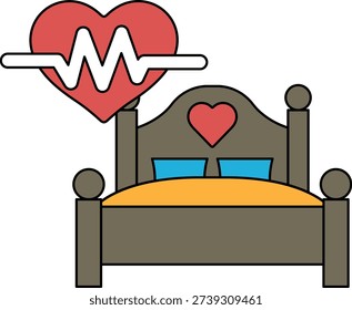 A bed with a heart on it and a line that says ECG. The bed is white and the heart is red