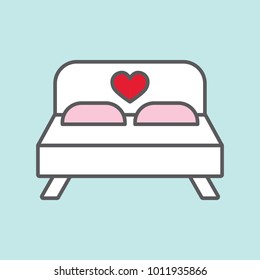 bed with heart red color line flat icon on blue background