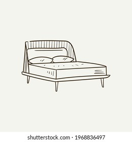 Bed. Home decor line art drawing. Doodle illustration. Stay home. Minimal vintage style. Doodle plant vector illustration. Pure nature organic brush. Line drawing.