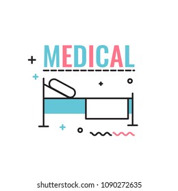 Bed in the hospital with the inscription in the style of flat. Vector icon