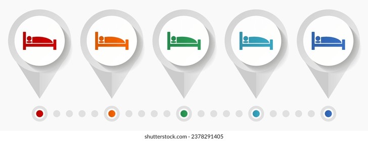 Bed, hotel concept vector icons, editable infographic template, set of colorful flat design pointers