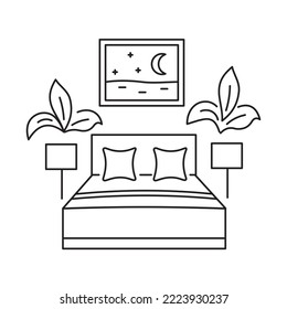 Bed in a hotel. Sleeping cozy place for two in the resort. Room for lovers. Linear icon on a white background.
