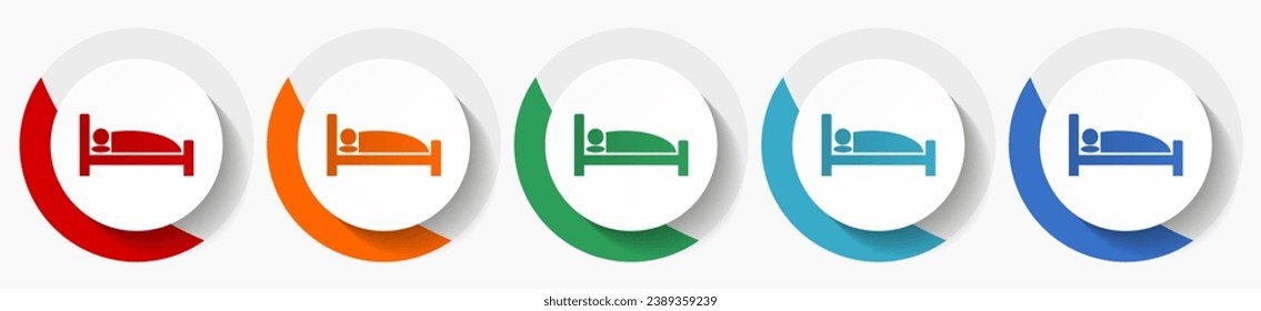 Bed, hotel vector icon set, flat design colorful round icons in 5 color options for webdesign and mobile applications