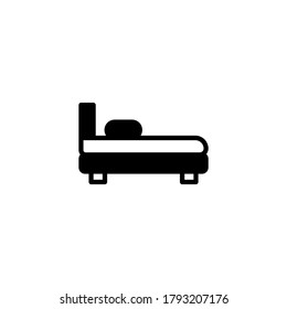 Icono de cama en glifo plano negro, estilo relleno aislado en fondo blanco