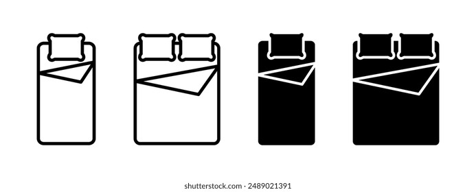 Bed icon. Double bed vector illustration. Pillow with duvet cover and mattress concept. Bedtime bedroom symbol isolated.