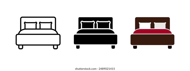 Bed icon. Double bed vector illustration. Pillow with blanket and mattress isolated concept. Bedroom interior sign. Relax, sleep, rest symbol.