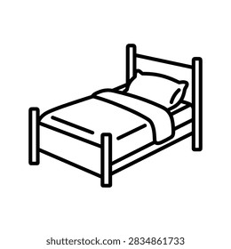Bed icon featuring a simple line art vector design of a wooden frame pillow and folded blanket for hotel signage