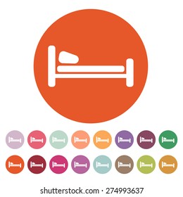 The bed icon. Hotel symbol. Flat Vector illustration. Button Set