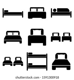 Bed icon, logo isolated on white background. Single and double bed. Hostel, hotel, hotel