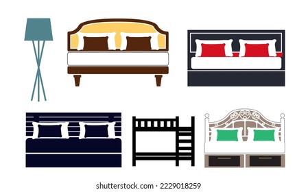 Bed icon on white background. Vector illustration. Colorful graphic set of beds with pillows. Modern bedroom furniture. Flat style vector illustration.