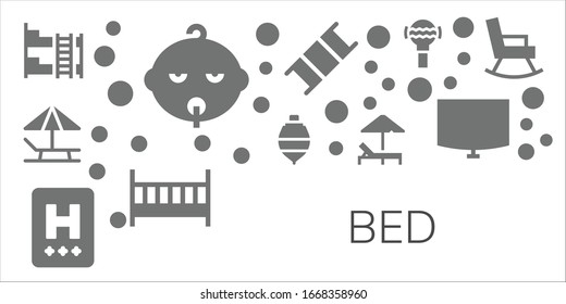 Bed Icon Set. 11 Filled Bed Icons. Included Bunk Bed, Baby, Sunbed, Spinning Top, Hotel, Stretcher, Cot, Rattle, Night Stand, Rocking Chair Icons