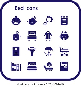  bed icon set. 16 filled bed icons. Simple modern icons about  - Baby, Rattle, Sleeping bag, Bed, Pijama, Door hanger, Deck, Stretcher, Bunk bed, Sunbed